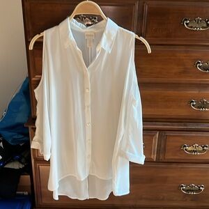 Chico’s cold shoulder Hi-Lo white button down versatile 3/4 sleeve blouse